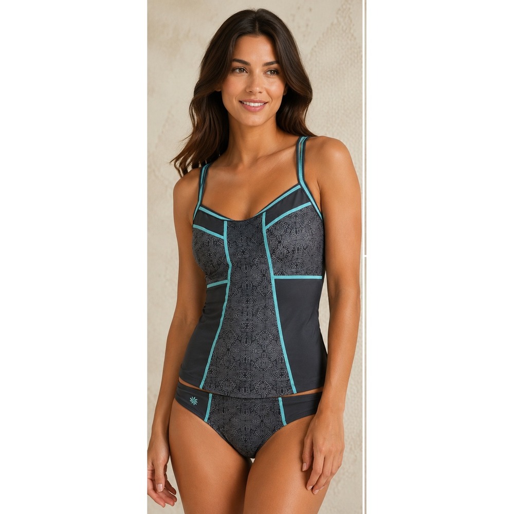 Athleta Tankini Swimsuit Set Gray Blue Geometric Small Shelf Bra Swimwear